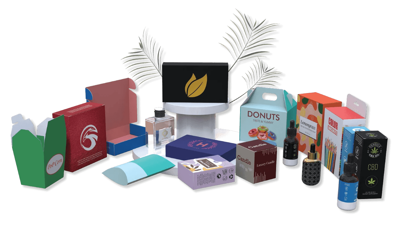 A range of custom-printed packaging boxes in different shapes, sizes and industries
