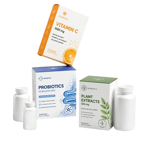 Custom-printed medical and supplement boxes shown as cut-out artwork