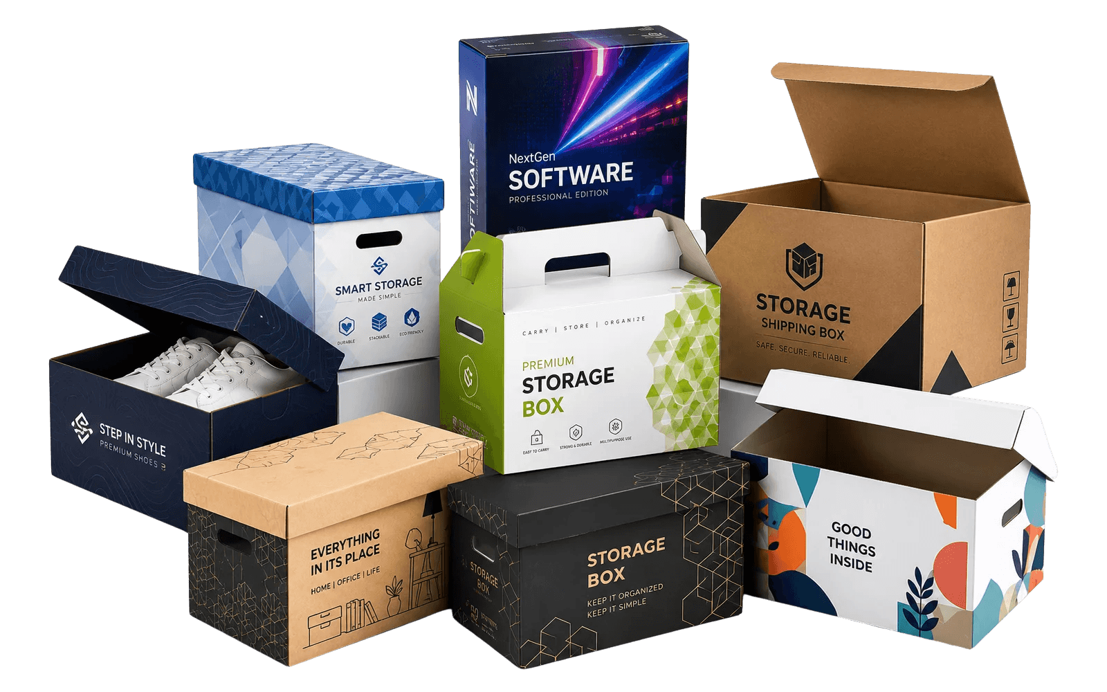 A collection of custom-printed storage and shipping boxes in varied structures, materials and brand designs