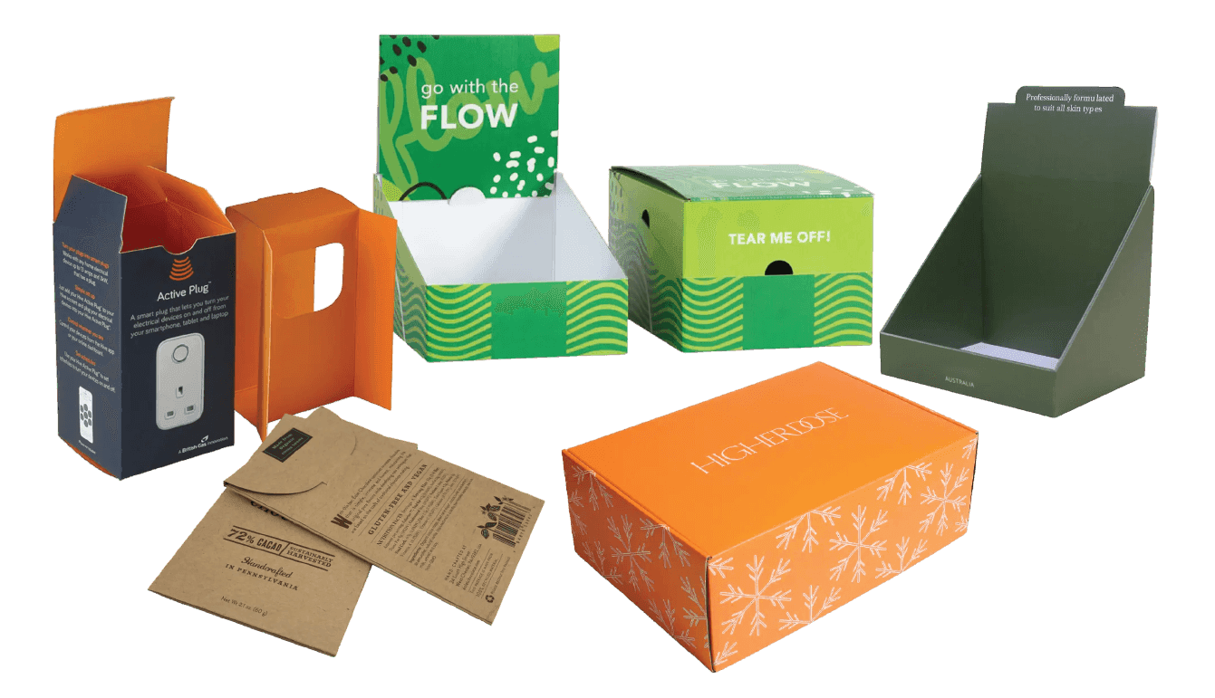 Printed mailers, tuck-end cartons, counter displays and kraft sleeves produced by Custom Box Center
