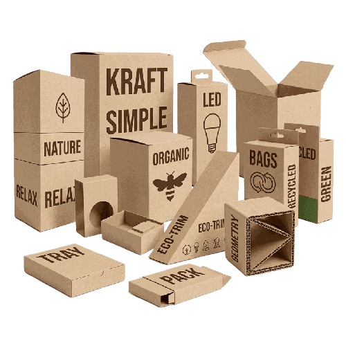Custom-printed corrugated cartons and boxes shown as cut-out artwork