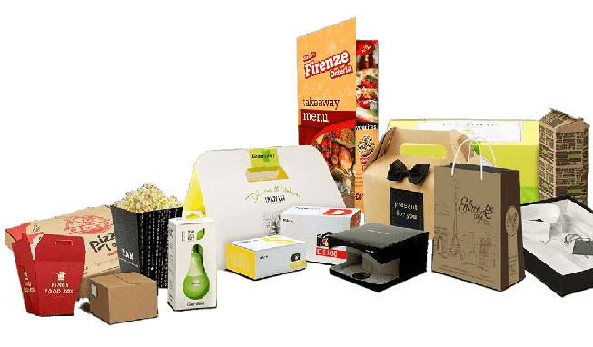 Custom-printed e-commerce packaging shown as cut-out artwork